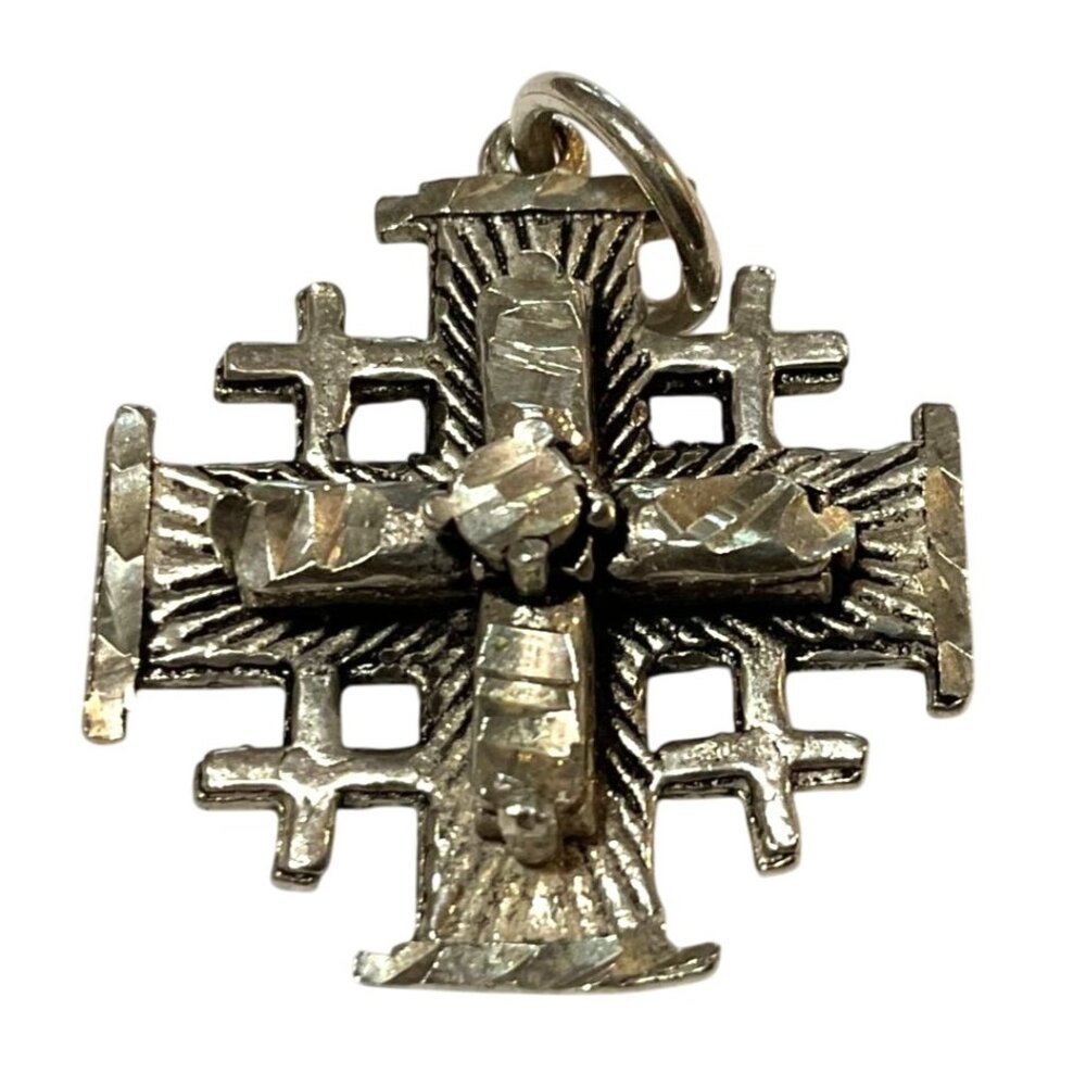 Jerusalem Cross Pendant Silver Tone Religious Charm 925 Silver Wounds of Christ